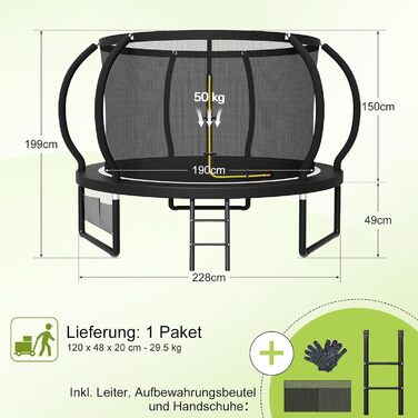 Батут Devoko вуличний Ø228/305/366/427/488 см з захисною сіткою та драбиною, чорний. Дитячий батут для саду з сертифікатом GS