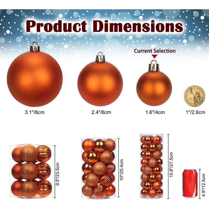 Різдвяні прикраси різдвяні кулі, 12 шт. дробові ялинкові кулі прикраси ялинкові прикраси для різдвяної ялинки ялинкові кулі різдвяні прикраси кулі 3,1 дюйма / 8 см (1,6 дюйма/4 см, помаранчевий), 8