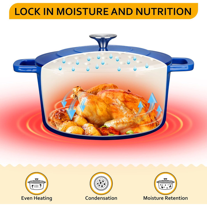 Чавунна каструля Velaze 5 л, синя чавунна каструля з кришкою Ø 25 см, високоякісна емальована каструля, голландський чавун, форма для випічки хліба з кришкою, каструля для запікання для всіх типів плити Підходить синя 25 см/5 л