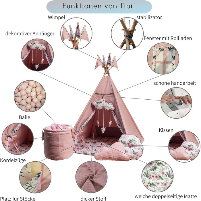 Дитячий намет-тіпі з килимком, подушкою та м'ячами - Тіпі для дитячої кімнати, ігровий будиночок для дівчаток, намет-тіпі для дітей, ігрові прилади для дому - Рожевий сад
