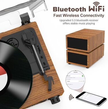 Вініловий програвач Udreamer з Bluetooth 5.3, 2 стерео динаміками, 3 швидкості, AUX, RCA, USB, ретро дизайн, жовтий