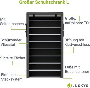 Тумба для взуття Juskys L 9 рівнів, 45 пар взуття, тканинне покриття, водовідштовхувальне, вставна система, сіра