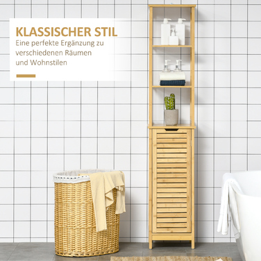 Шафа Kleankin Badschrank Bambus, 34 x 30 x 173 см, з 3 відкритими полицями та 1 шафкою, захист від перекидання, отвір для ручки, вільного стояння, для маленьких приміщень, натуральний колір | Aosom