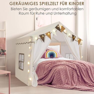 Дитячий намет MAMIZO для гри в приміщенні з килимком, прапорцями та світлом, 136x95x133 см. Ідеальний намет-ігровий будиночок для дітей, підходить для хлопчиків та дівчаток, кремового кольору.