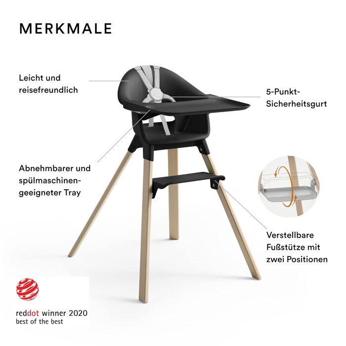 Дитячий стільчик Stokke Clikk Black Natural з підносом та ременем безпеки - ергономічний, регульований, для дітей 6-36 місяців (до 15 кг)