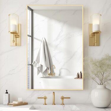 Дзеркало для ванної кімнати Homecookin Goldspiegel, 50.8 x 76.2 см, прямокутне, з металевим каркасом, для встановлення над умивальником, горизонтально або вертикально