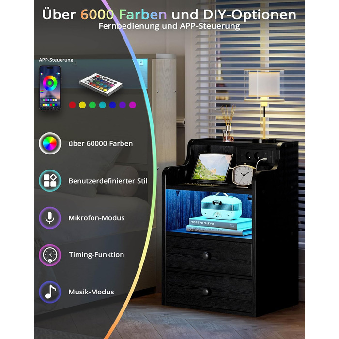 Нічний столик IRONCK з LED-підсвічуванням, розеткою та функцією зарядки, з ящиками, чорний