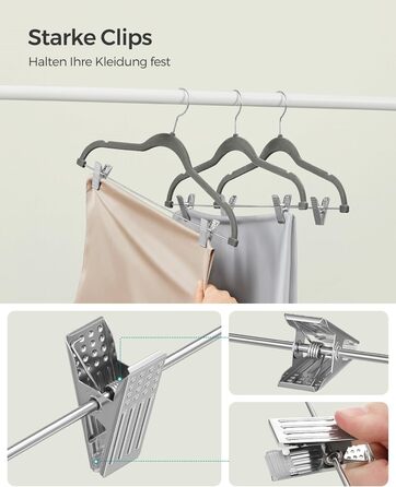 Набір вешалок SONGMICS з оксамиту, 20 шт., для штанів, пальто, суконь, 42,5 см, з регульованими кліпсами, антиковзаючі, економія місця, сірі