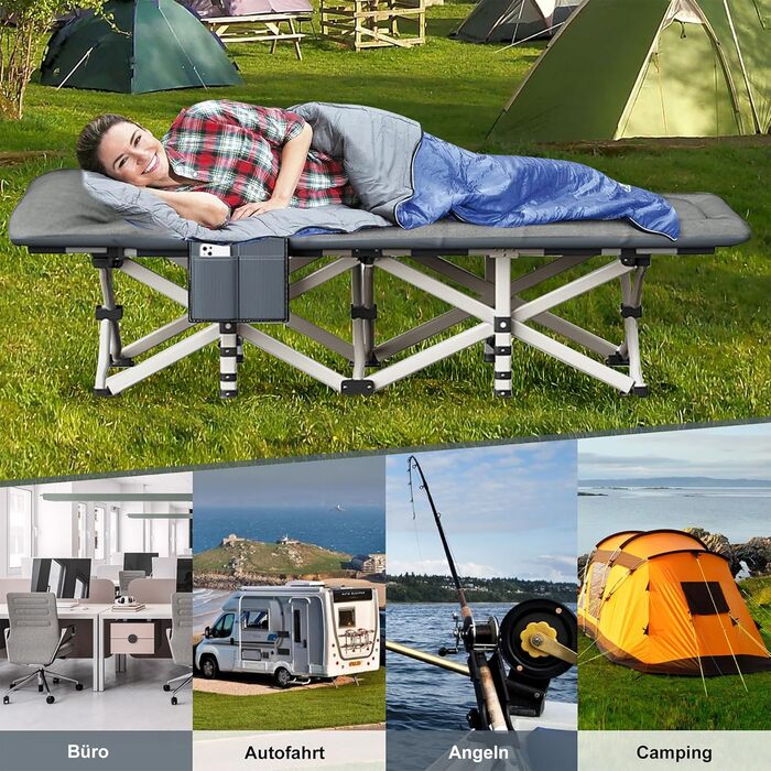 Розкладне кемпінгове ліжко CALIYO з матрацом, 200x80x40 см, витримує до 200 кг, сталевий каркас, тканина Оксфорд, сіре (з сумкою для зберігання)