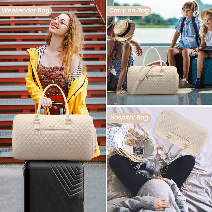 Спортивна сумка OVEVOOK для подорожей, жіноча, Weekender, для вихідних, дорожня сумка, сумка для дитини з косметичкою, відділення для взуття та мокрого одягу, водонепроникна, ручна поклажа для авіаперельотів, чорна (L, Beige 3er Set)