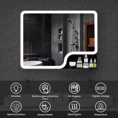 Дзеркало для ванної кімнати YOURLITE з LED-підсвічуванням 100x60 см, сенсорне керування, годинник, антизапар, 3 кольори світла, регулювання яскравості, без запотівання, функція пам'яті, білий