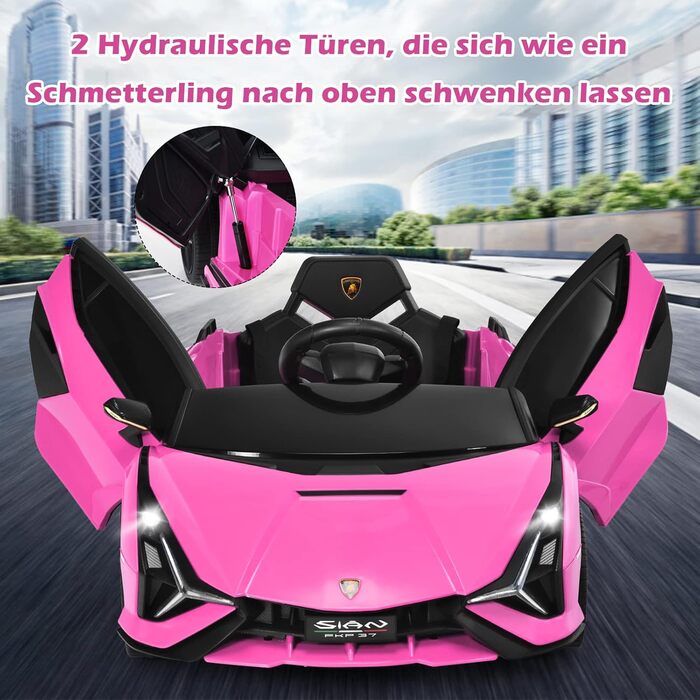 Дитячий електромобіль Lamborghini GOPLUS з пультом керування, Bluetooth, USB, музикою та сигналом, швидкість 3-5 км/год, для дітей 3-8 років, білий/рожевий