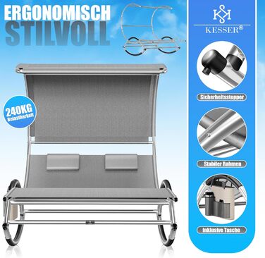 Кесер® Подвійна шезлонг для відпочинку з сонцезахисним дахом, подушкою для голови та кишенею для 2 осіб, садова шезлонг, 240 кг, сірий