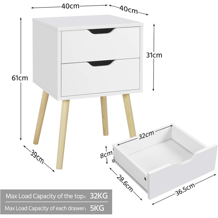Набір Yaheetech з 2 тумбочок з 2 ящиками, дерево, 40 x 40 x 60 см, ніжки з масиву дерева