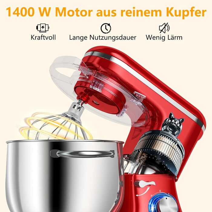 Кухонна машина AUMATE 1400W, 8 л, з міксером, гаком для тіста та вінчиком (червона)