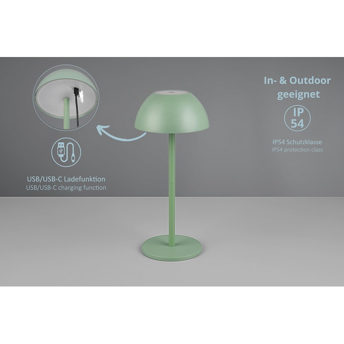 Бездротова настільна лампа Robert, LED, настільна лампа, нічник, регулювання яскравості, USB зарядка, 30 см, Pistaziengrün