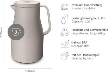 Термос Alfi ECONSCIOUS 1.0л з термоізоляційним вкладишем з біопластику, гігієнічний, з поворотним кришкою та кнопкою, для зручного наливання однією рукою, ідеальний для кави та чаю, без BPA (Oatmeal Beige)