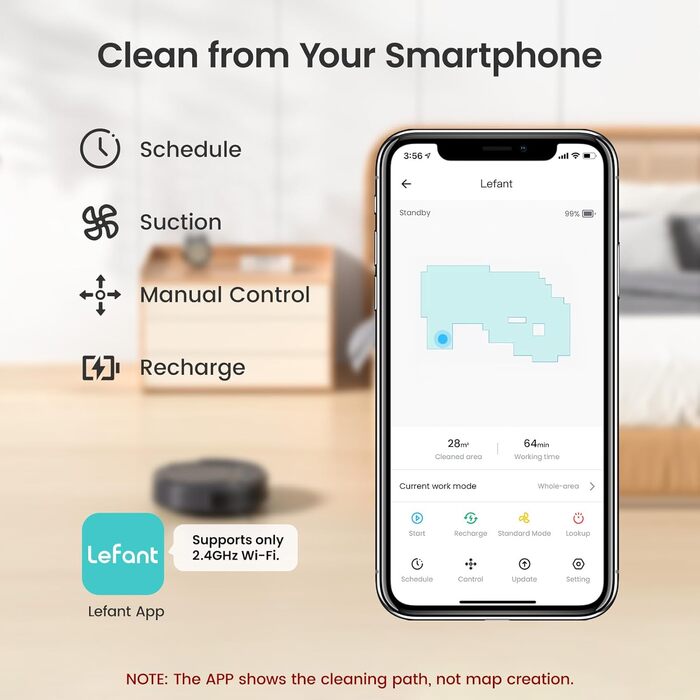 Робот-пилосос LEFANT M2 з функцією миття підлоги, 6000Pa, LiDAR-навігація, зони заборони, керування через APP/Alexa, для шерсті тварин, килимів та твердих підлог (M210PW)