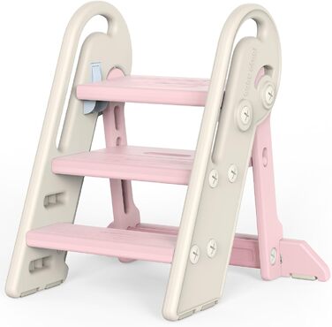 Дитячий підсходильник Onasti Tritthocker, регульована висота, 3 сходинки, з ручками, складний, анти-ковзний, для кухні, ванної кімнати, умивальника та туалету (Сірий) Сіро-білий (Рожевий)