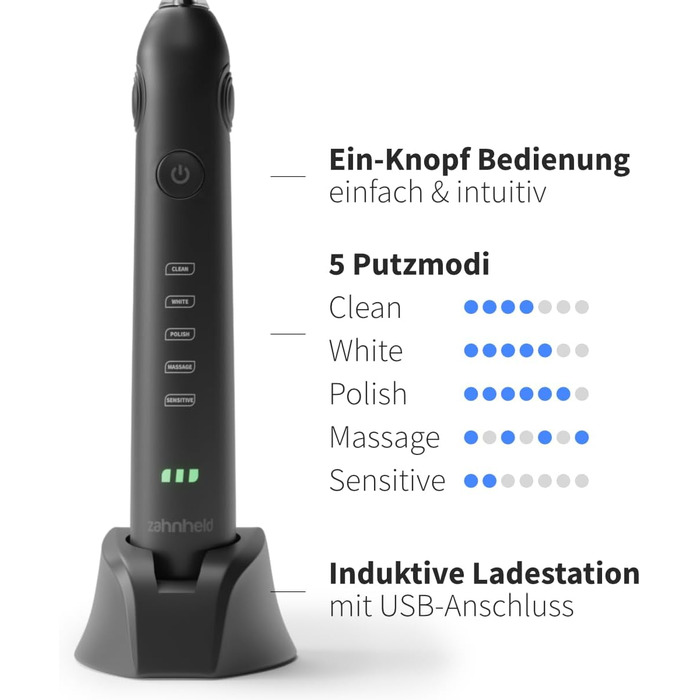 Електрична звукова зубна щітка Zahnheld® Gero G2 з чохлом для подорожей та насадкою | 5 режимів чищення, тривалий час роботи, білий | 1 шт.