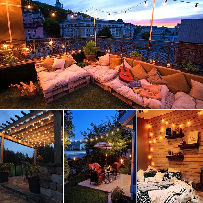 Світлодіодна гірлянда для зовнішнього використання, 60 м, G40 LED, вологостійка IP45, димерна, тепле біле світло (2700K), 104 пластикові лампочки, для декору саду, тераси, вечірки