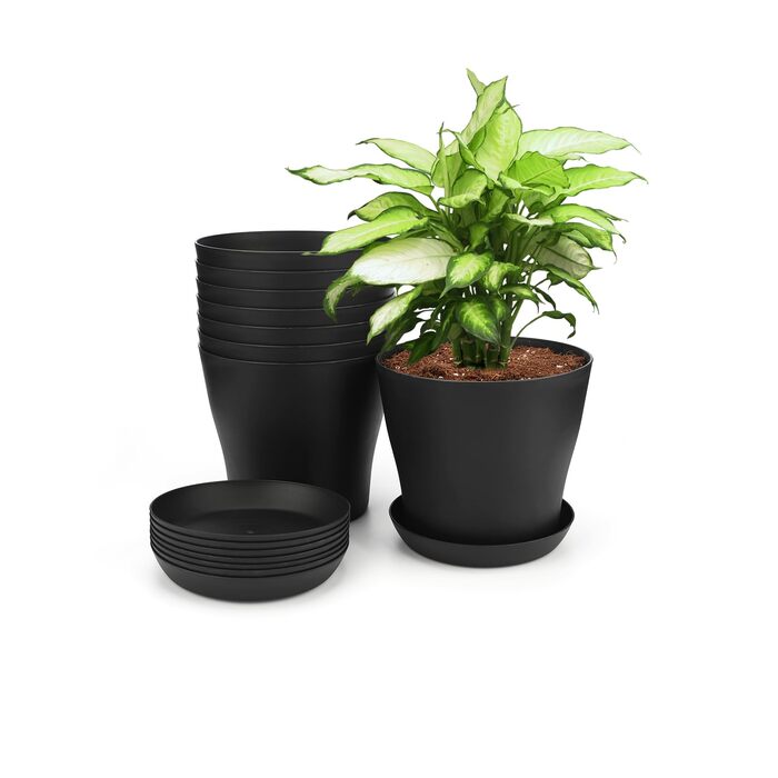 KINGLAKE Набір горщиків для квітів 8 шт. 17 см, пластикові горщики для рослин, кактусів, сукулентів з підставкою (Чорний, 14 см)