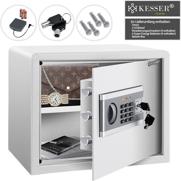 KESSER® Електронний сейф | 38x30x30 см | з батарейним відсіком | Вбудоване освітлення | Сейф для підлоги та стіни | Меблевий сейф | Сріблястий