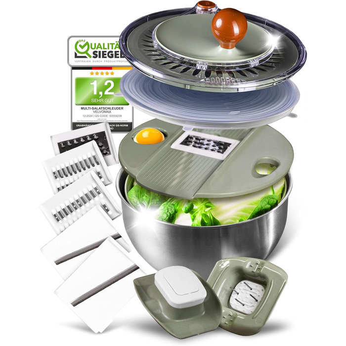 Салатниця-швидкокрутка VELVOMAX 6в1 з нержавіючої сталі, 4.5L - 6 функцій: нарізник овочів, сервіровочна чаша та спіннер для салатів. Можна мити в посудомийній машині, з антиковзним дном та кришкою. Ідеально для любителів готувати.