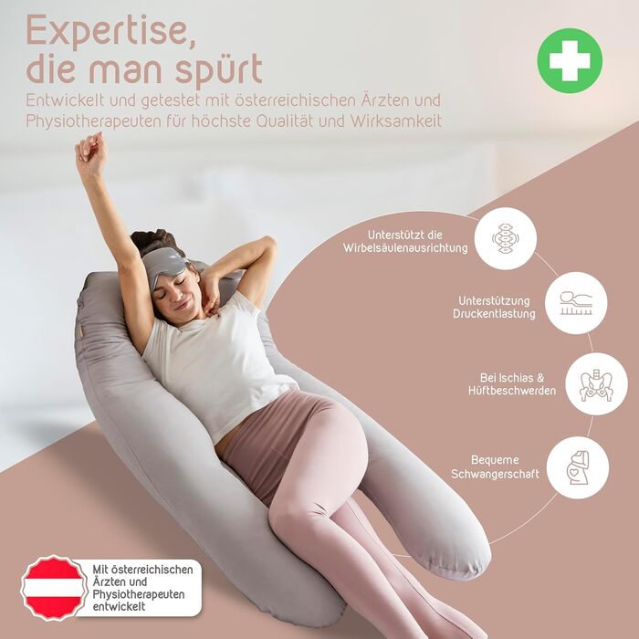 Подушка для сну на боці Mimi Kalu® Original з Memory Foam, 130 x 70 см, платиново-сіра | Подушка для вагітних, подушка для годування, м'яка подушка | З чохлом з 100% Soft-Cotton та маскою для сну