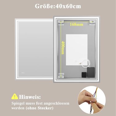 Дзеркало для ванної кімнати з підсвічуванням Badspiegel 50x70см LED, антизапар, сенсорне керування, регулювання яскравості, 3 кольори світла, настінне, горизонтальне/вертикальне