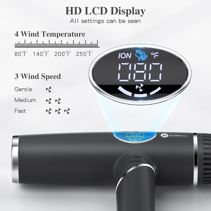 Фен для волосся Slopehill 2000W з іонізацією, безщітковим двигуном 110 000 об/хв, LCD-дисплеєм та 3 дифузорами, складаний, чорний