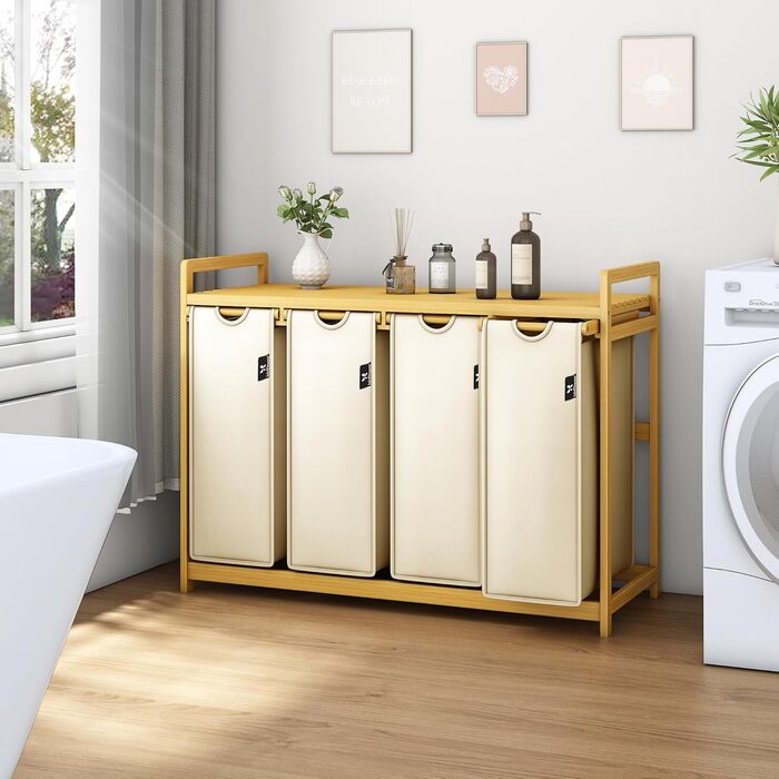 Кошик для білизни AdelDream Premium 200L з 4 відділеннями, бамбуковий каркас, знімний мішок, бежевий | Кошик для білизни для ванної та спальні