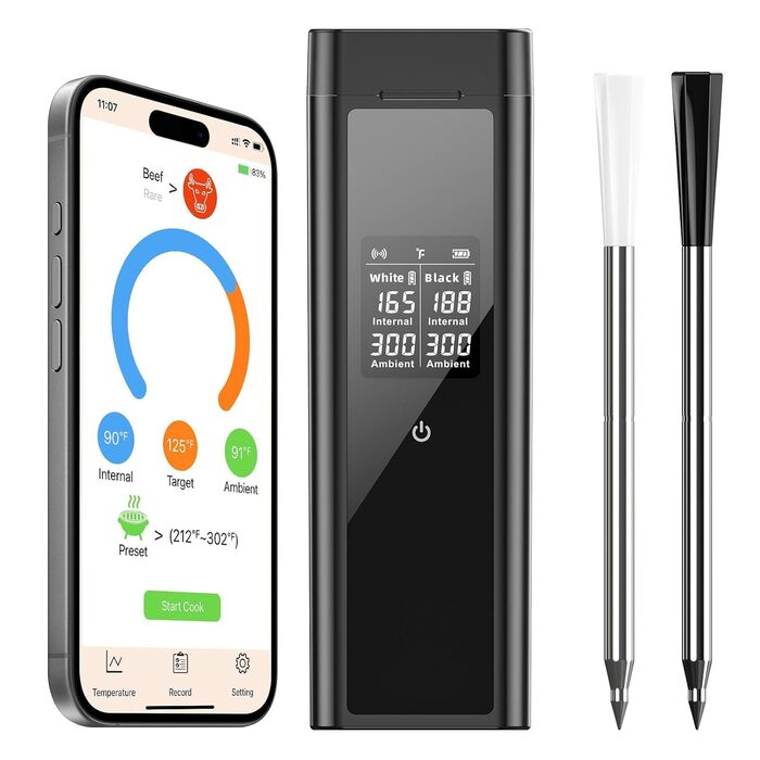 Бездротовий термометр для м'яса BlueSwan Grillthermometer з LCD дисплеєм (2 шт.), водонепроникні зонди IP67, 48 годин роботи від акумулятора, магнітна коробка, Bluetooth 150м, додаток з 9 режимами приготування, термометр для BBQ, духовки, гриля, кухні