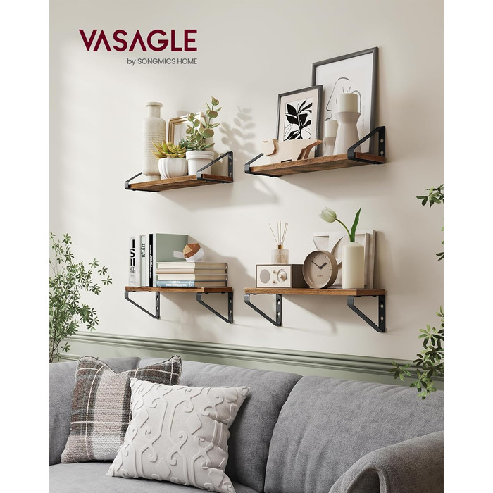 Настінна полиця VASAGLE, 6 шт. у наборі, полиці для стін, 30/35/40 см, для вітальні, кухні, кабінету, ванної кімнати, вінтажний коричневий + матовий чорний, LWS033K02