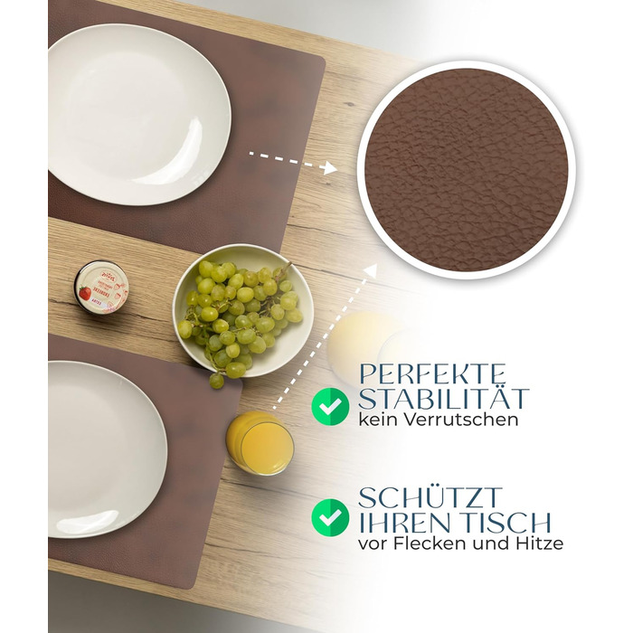Набори серветок на стіл, 4 шт. – екологічні, стабільні та неслизькі – з високоякісної переробленої шкіри, Made in Germany (Темно-коричневі)