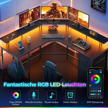 Ігровий кутовий стіл Seventable L-подібний з LED підсвіткою та розетками, 3 ящики, чорний 135x135x88 см