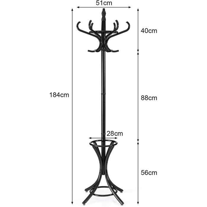 Стойка для одягу GIANTEX з підставкою для парасольки, дерев'яна, 12 гачків, для прихожей/вітальні (чорна)