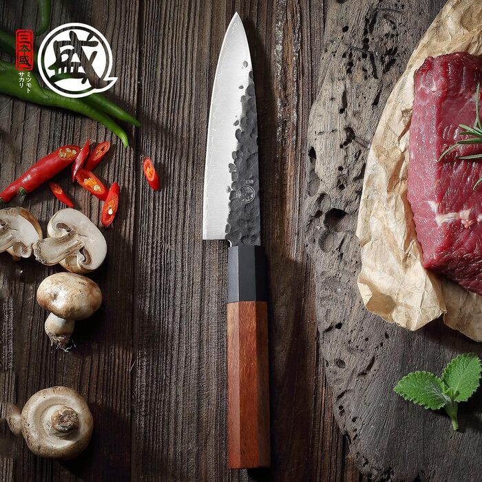 Японський ніж Mitsumoto Sakari для кухні, 14 см, з високоякісної сталі, ручка з рожевого дерева, подарункова коробка