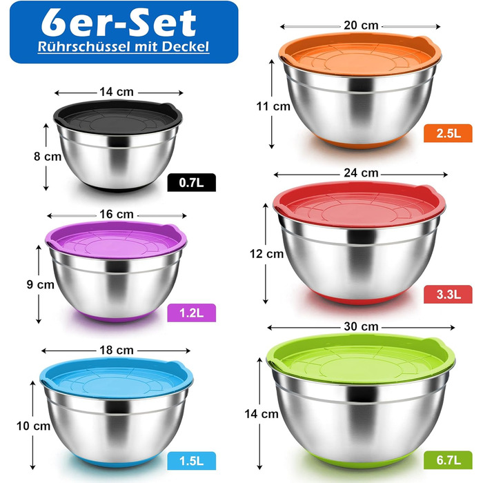 Набір мисок Herogo (6 шт.) з нержавіючої сталі з кришками, 6,7л/3,3л/2,5л/1,5л/1,2л/0,7л. Складаються, для приготування, випічки та зберігання. Можна мити в посудомийній машині (кольорові)