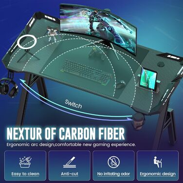 Ігровий стіл Kidsgigglz з LED-підсвічуванням 120x60 см: ергономічний комп'ютерний стіл з тримачем для напоїв та гачком для навушників для дому, офісу, кутовий стіл (140x60 см з рамою)