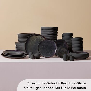 Набір посуду Karaca Streamline New Galactic Stoneware, 59 предметів, 12 персон, чорний Тарілки, Обідній сервіз, Унікальний дизайн, Посуд, Керамограніт