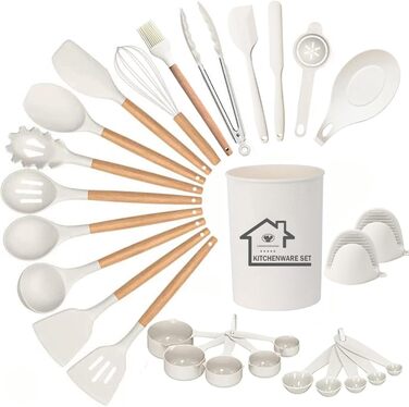 Набір кухонних аксесуарів з силікону, 28 предметів: лопатки, шпателі, мішалки та інше. Сумісний з антипригарним посудом.