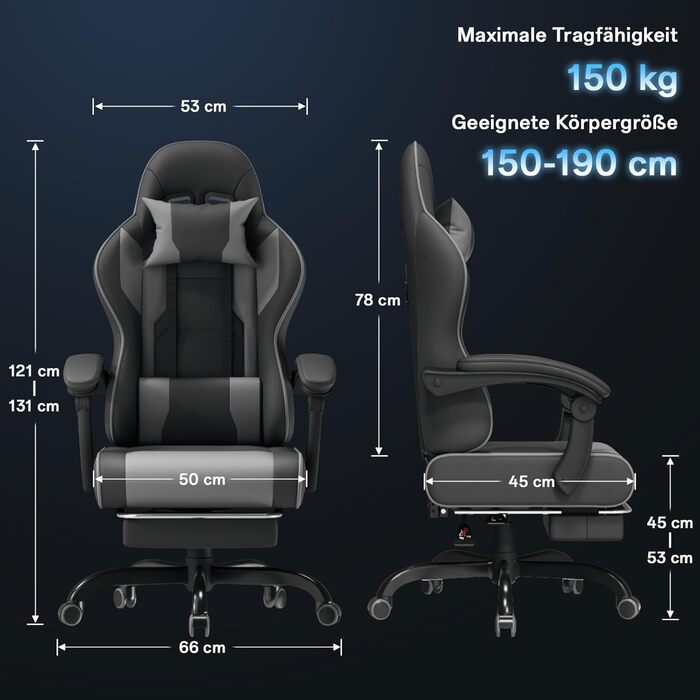 Ігровий крісло, офісне крісло з підніжкою, ергономічне крісло з регульованою спинкою 90-135°, вантажопідйомність 150 кг (сірий)