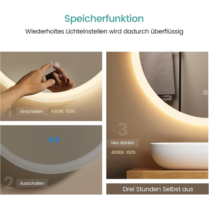 Дзеркало для ванної кімнати EMKE з підсвічуванням, 50 см, кругле, з регулюванням яскравості, 3 кольори світла, антизапарник, сенсорне управління, пам'ять налаштувань, матовий край, 50x50 см