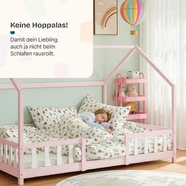 Дитяче ліжко Sisimiut Montessori від en.casa з захистом від падіння. Дерев'яне ліжко для дітей, підлогове, з ламелями. Матеріал: сосна. Колір: світло-сірий/білий. Розмір: 120 x 200 см. Без матраца.