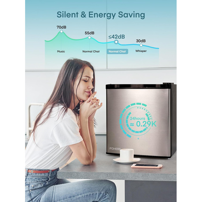 Міні-холодильник E 46L з морозильною камерою, низький рівень шуму 42 дБ, регулювання температури, колір нержавіюча сталь — для офісу, кухні та спальні