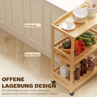 Візок для кухні на колесах з 3 ярусами, сервірувальний візок з місцем для зберігання, кухонна полиця на колесах, для кухні, ванної кімнати, офісу, з натурального дерева.