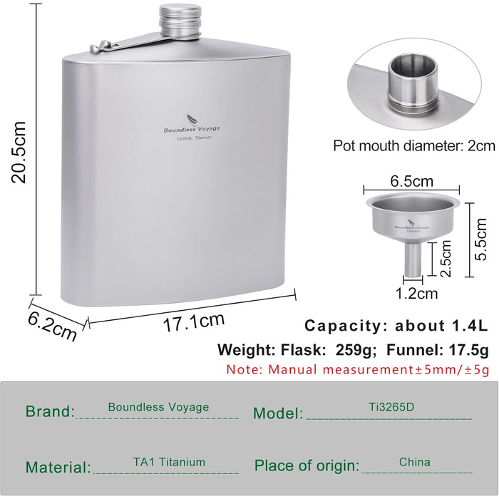iBasingo Титанова фляга-термос 1.4л (49oz) для кемпінгу, туризму, Bushcraft. Легка, з міцним кришкою та воронкою.