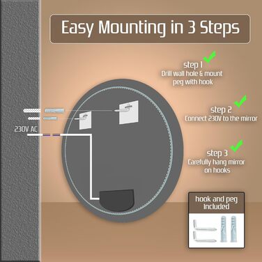 Дзеркало для ванної кімнати Venti 60 см з підсвічуванням та сенсорним вимикачем, кругле, LED, 60x60 см