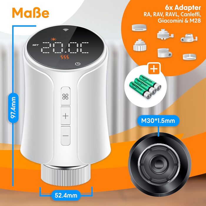 KESSER® WiFi термостат на радіатор опалення з керуванням через додаток Smart Home | Комплект з 6 вентилів для опалення, сумісний з Alexa та Google Assistant | Економія енергії та коштів, білий
